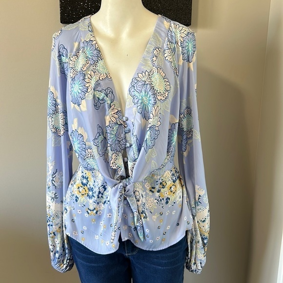 FREE PEOPLE Run Free Blouse Periwinkle Ruffle Floral Long Sleeve Sz S - Picture 5 of 12